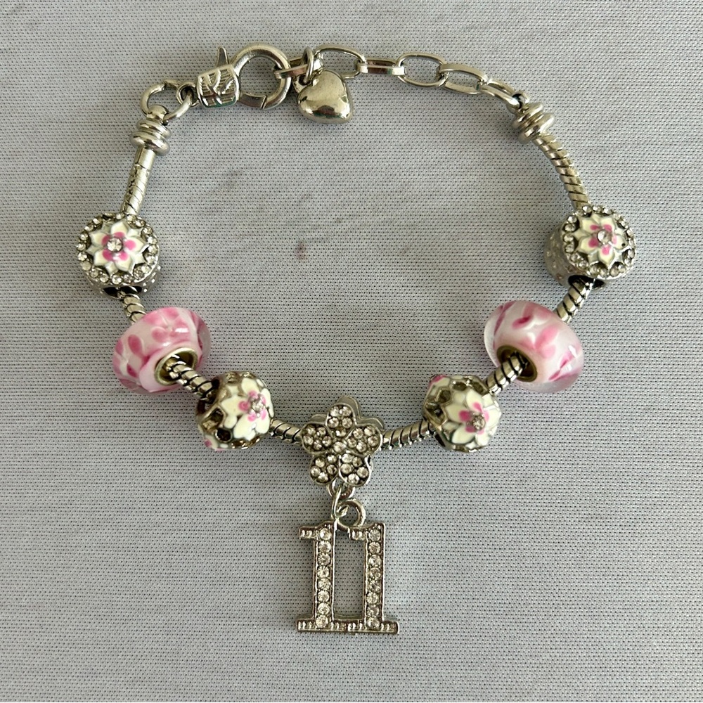 8" Charm Bracelet Silver Happy 11th Birthday Crystal Pave Setting, Enamel Beads